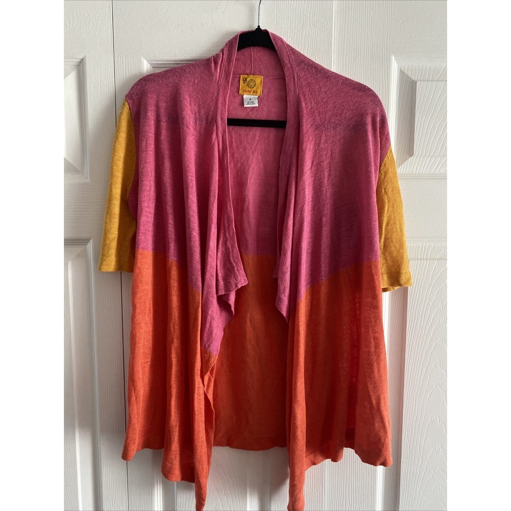 Ruby Rd Colorblock Open Front Cardigan Womens Size S Pink Orange Linen Blend